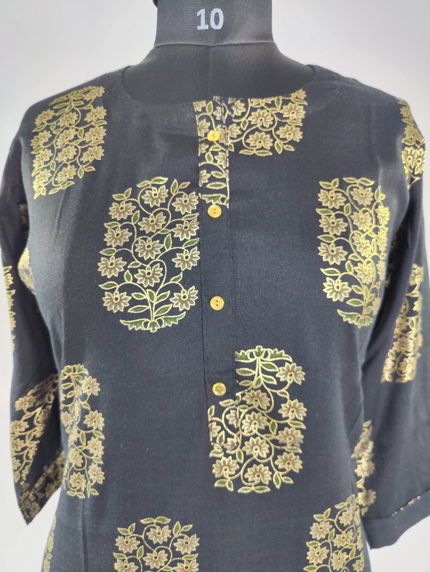 Black and Gold Floral Block Print Kurti - Luxury Cotton Straight Dress with Metallic Motifs