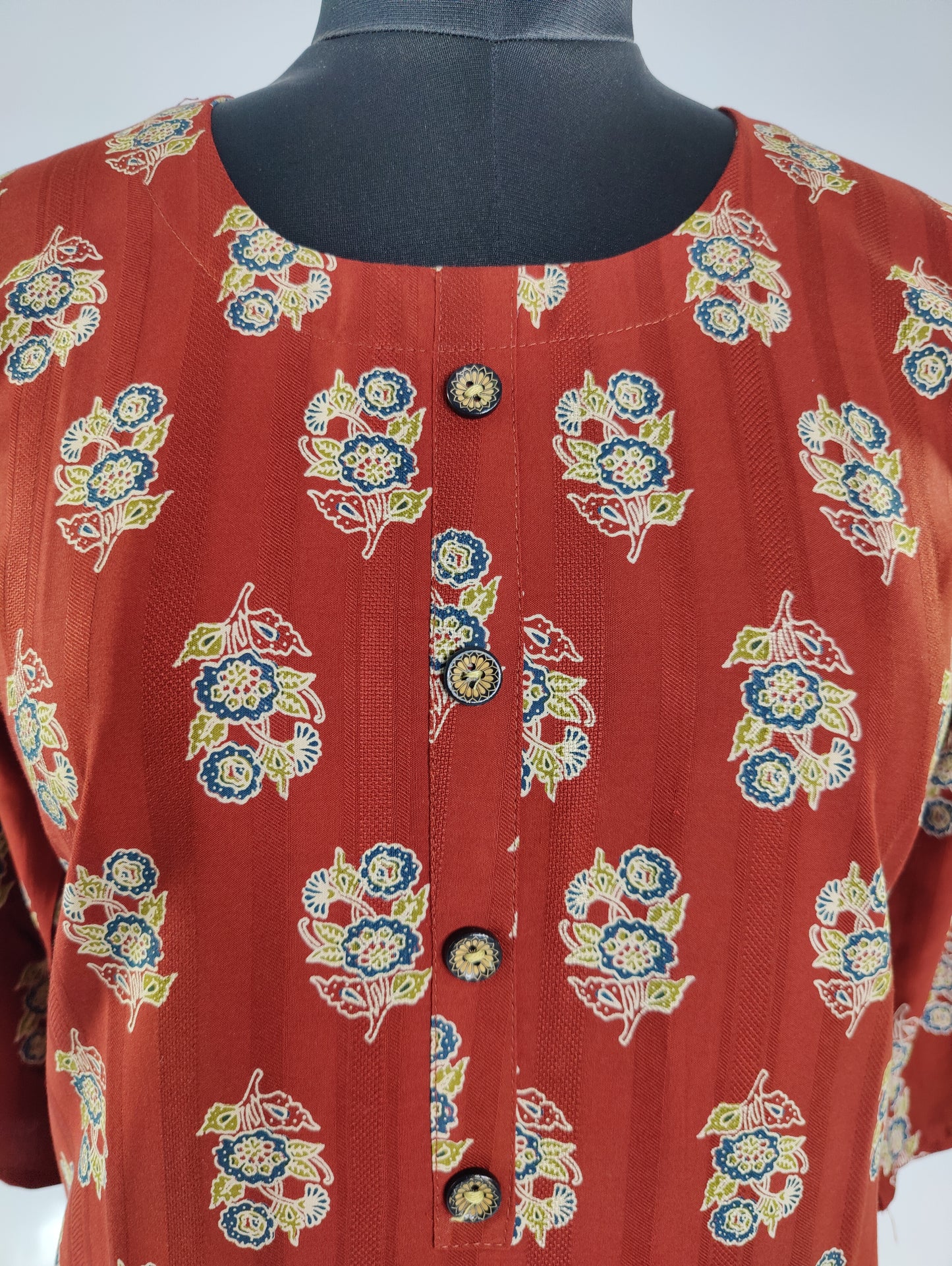Floral Motif Cotton Kurti - Rust Brown Traditional Print Straight Dress with 3/4 Sleeves