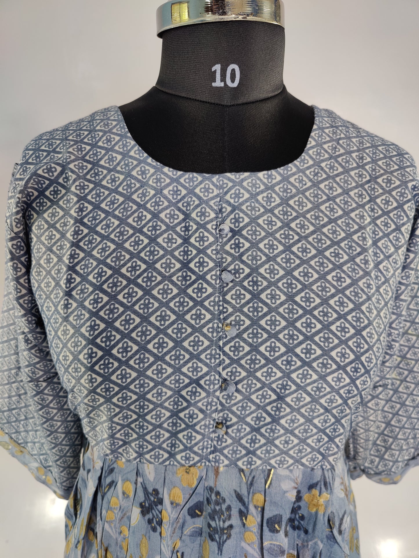 Blue and White Pleated Kurta with Floral Print