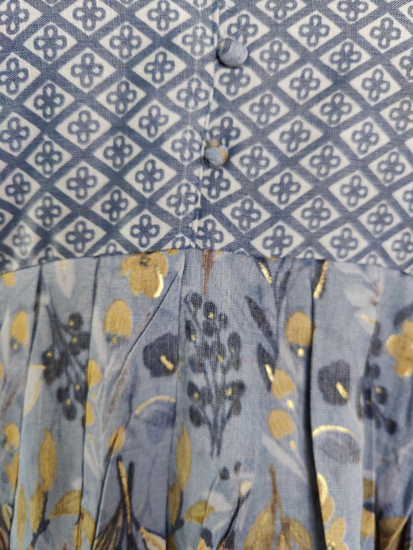 Blue and White Pleated Kurta with Floral Print