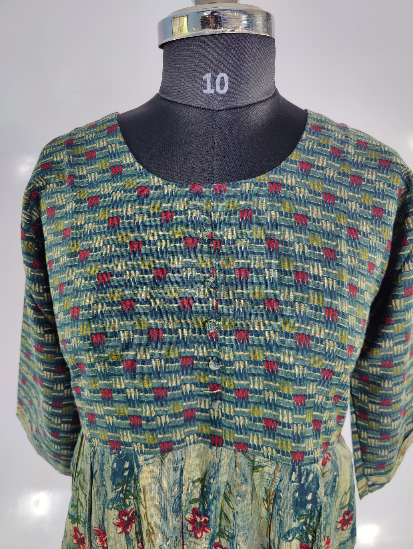 Green Floral Kurta with Striped Detail
