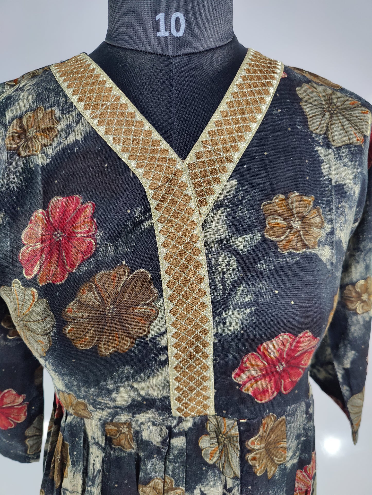 Black Floral Kurta with Embellished Neckline
