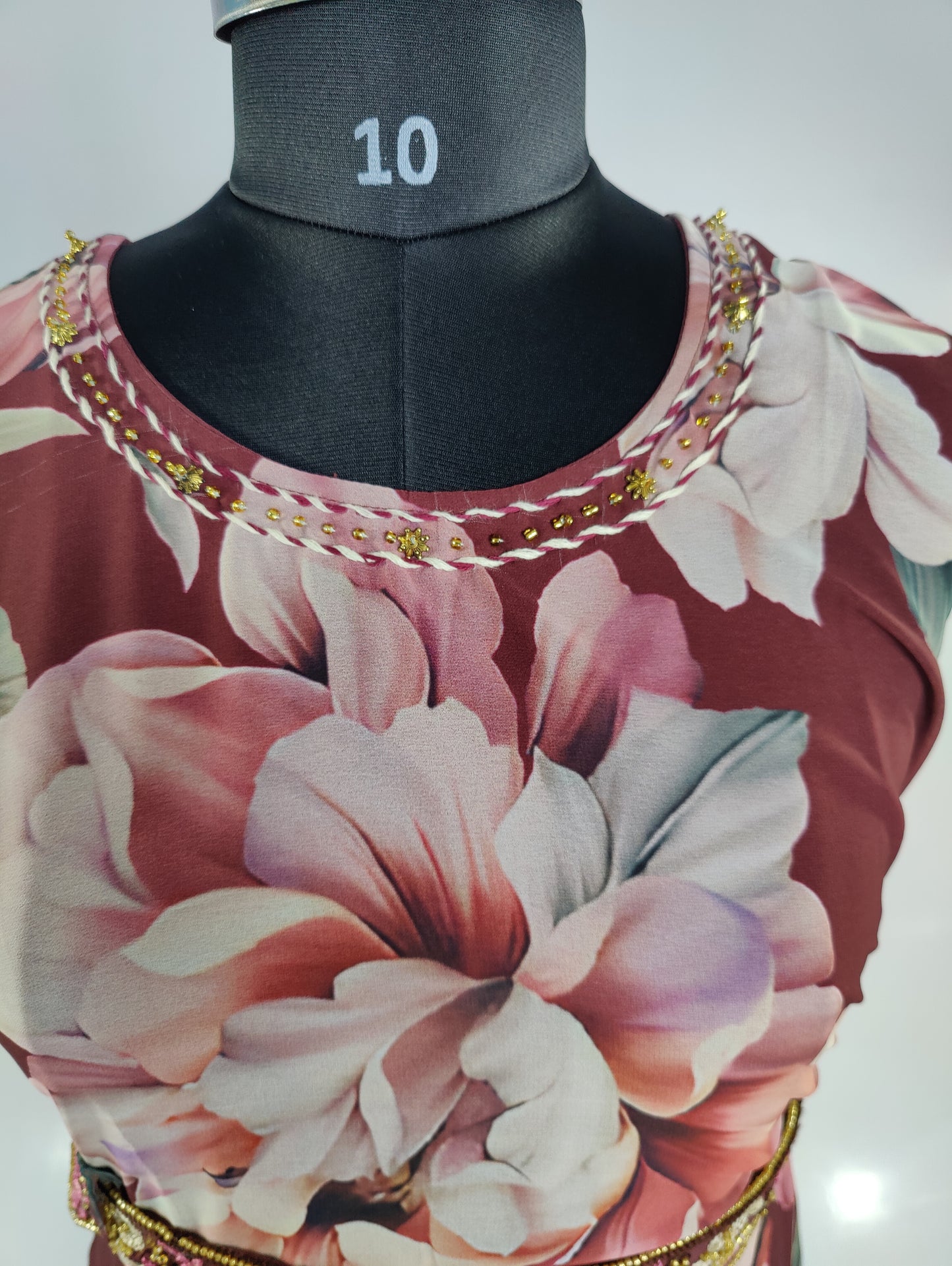 Maroon Dress with Embellished Waist and Floral Print