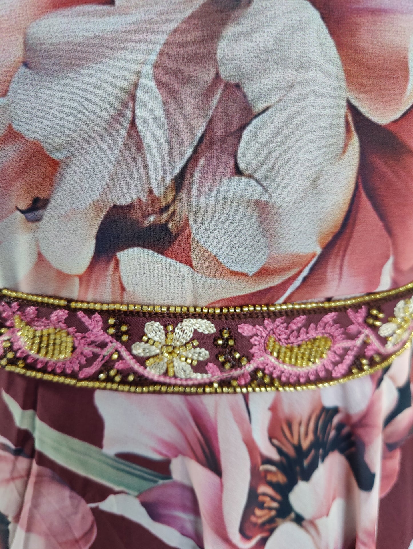 Maroon Dress with Embellished Waist and Floral Print