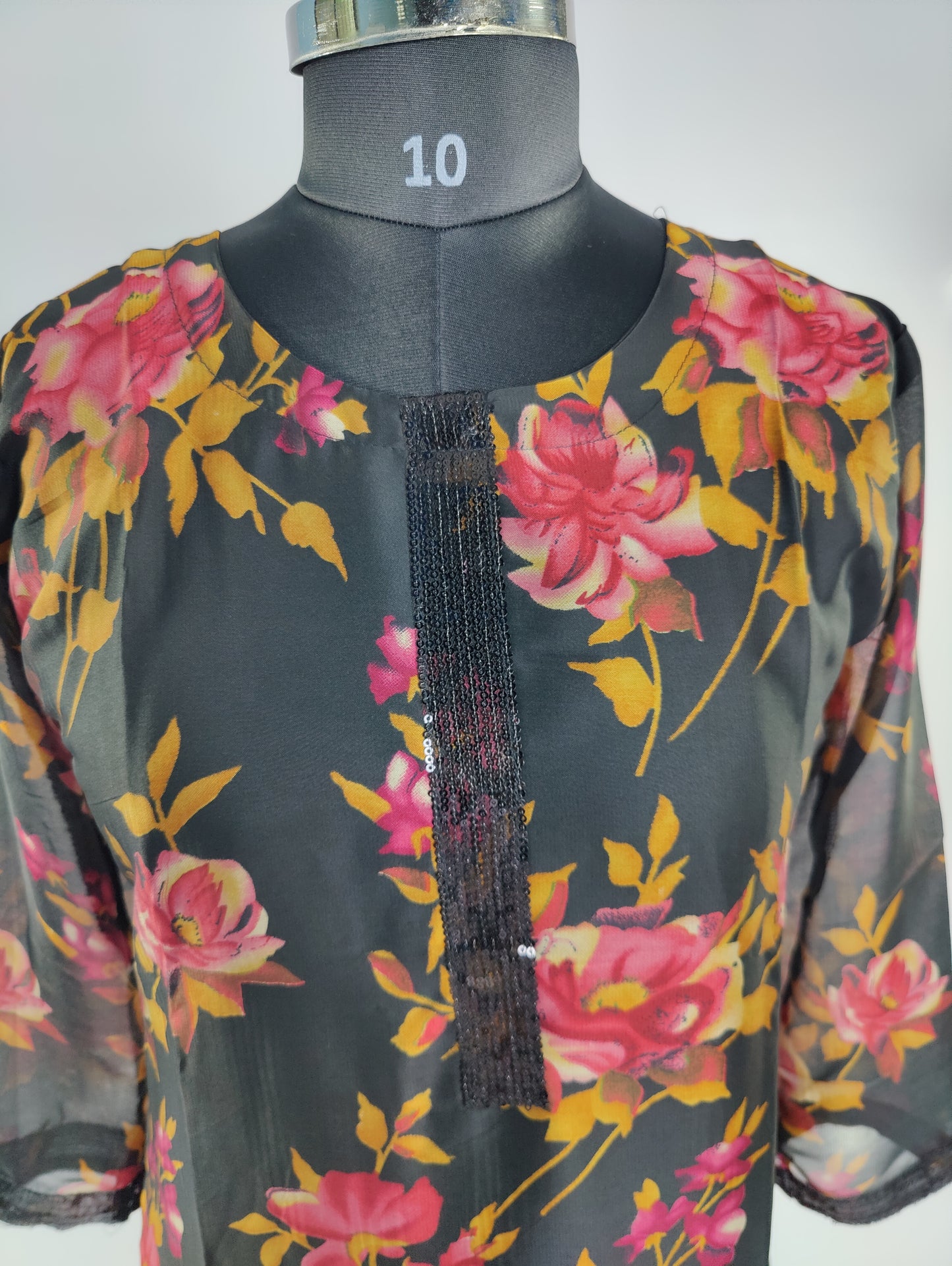 Black Kurta with Sequined Neckline and Floral Motif