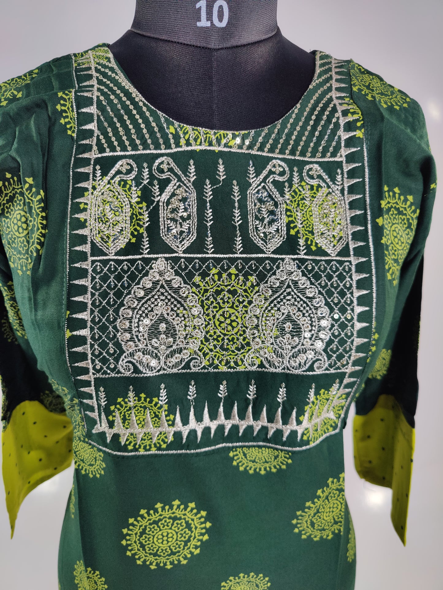 Dark Green Kurta with Embroidered Neckline and Yellow Border