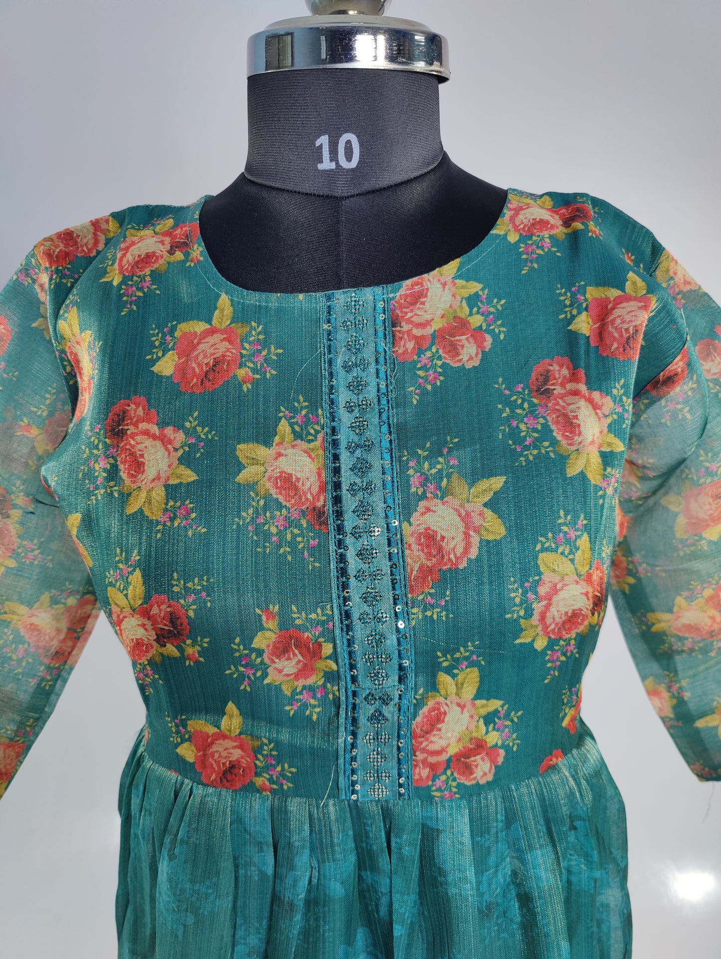 Romantic Blooms: Sheer Green Floral Kurti