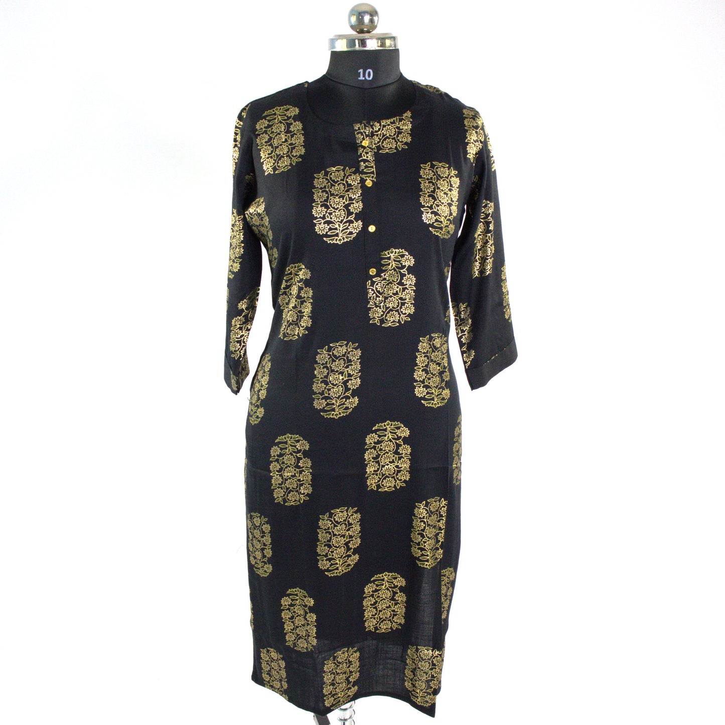 Black and Gold Floral Block Print Kurti - Luxury Cotton Straight Dress with Metallic Motifs