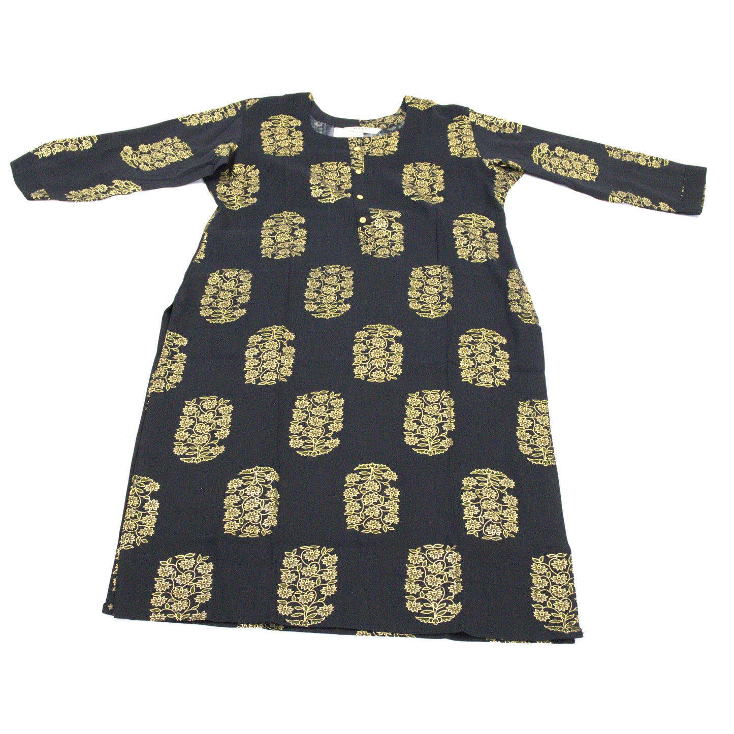 Black and Gold Floral Block Print Kurti - Luxury Cotton Straight Dress with Metallic Motifs