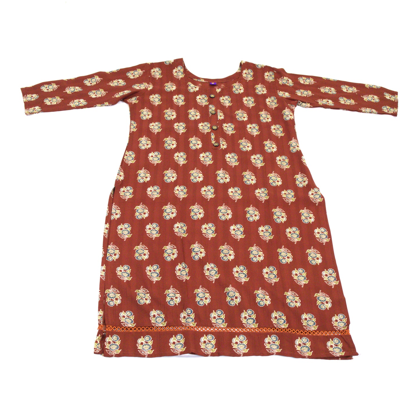 Floral Motif Cotton Kurti - Rust Brown Traditional Print Straight Dress with 3/4 Sleeves