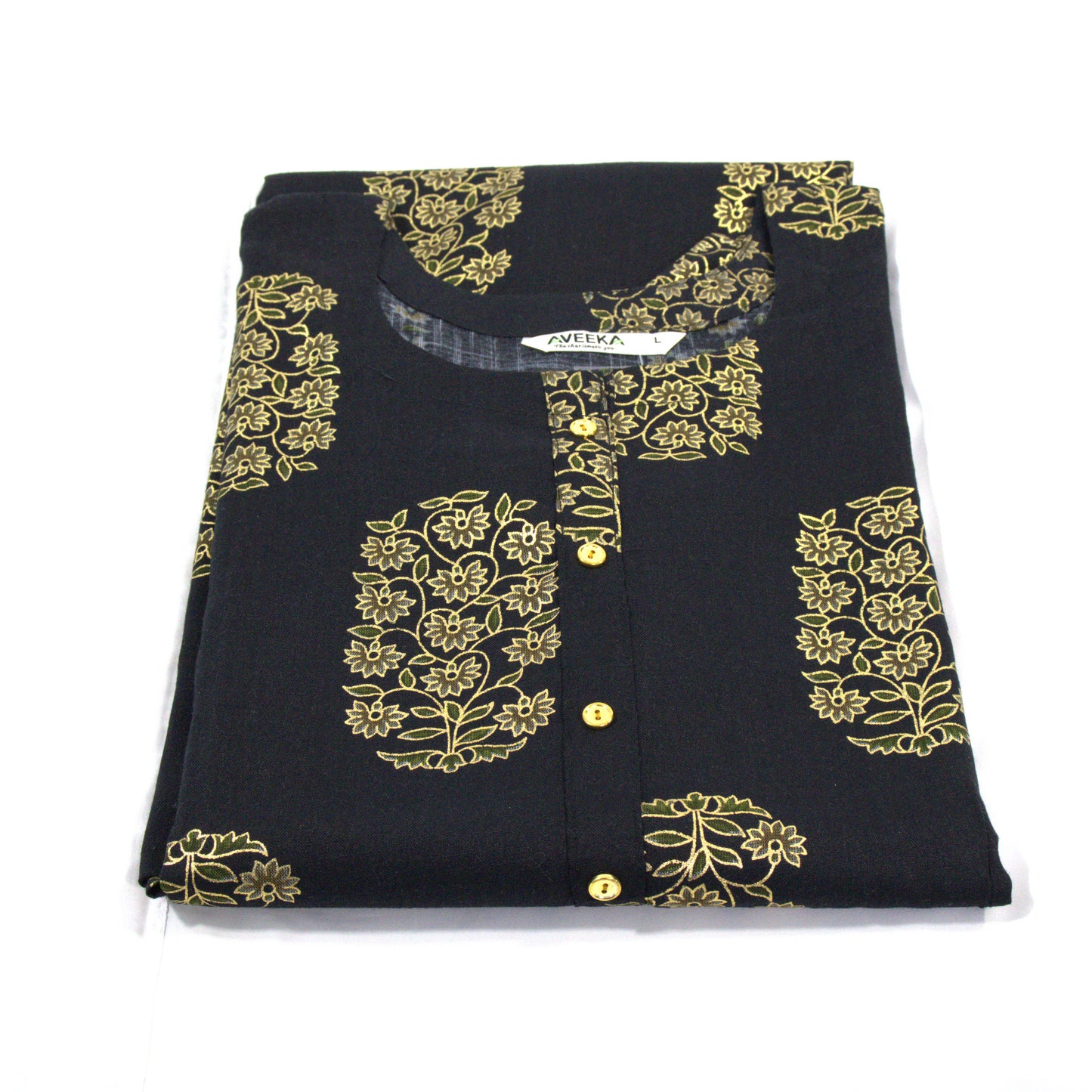 Black and Gold Floral Block Print Kurti - Luxury Cotton Straight Dress with Metallic Motifs