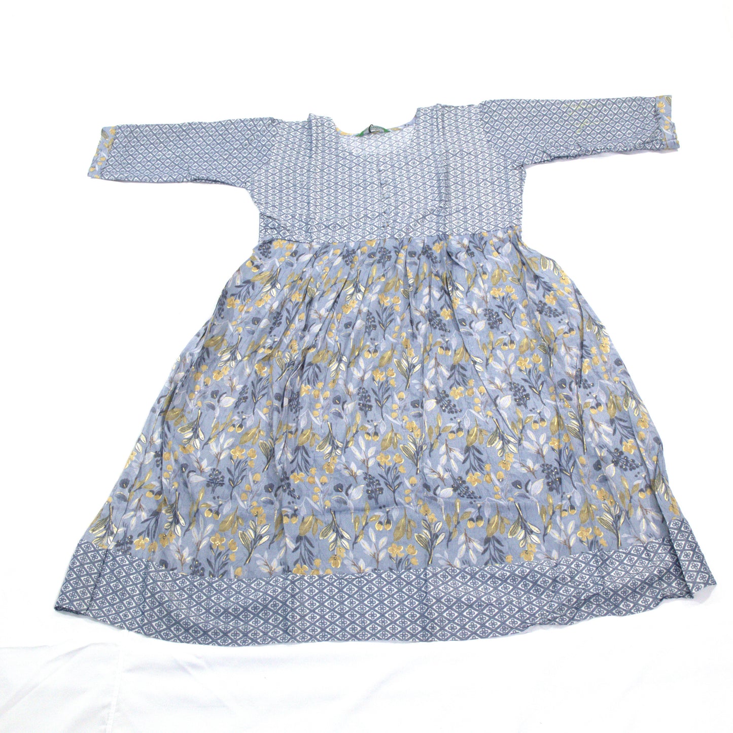 Blue and White Pleated Kurta with Floral Print