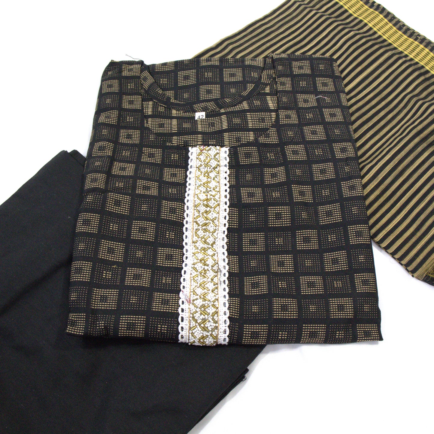 Black Geometric Kurta Set with Gold Accents