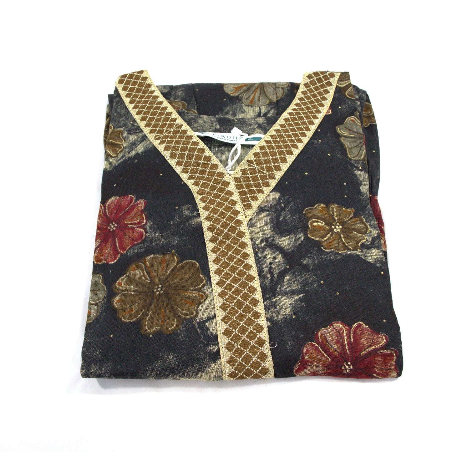 Black Floral Kurta with Embellished Neckline