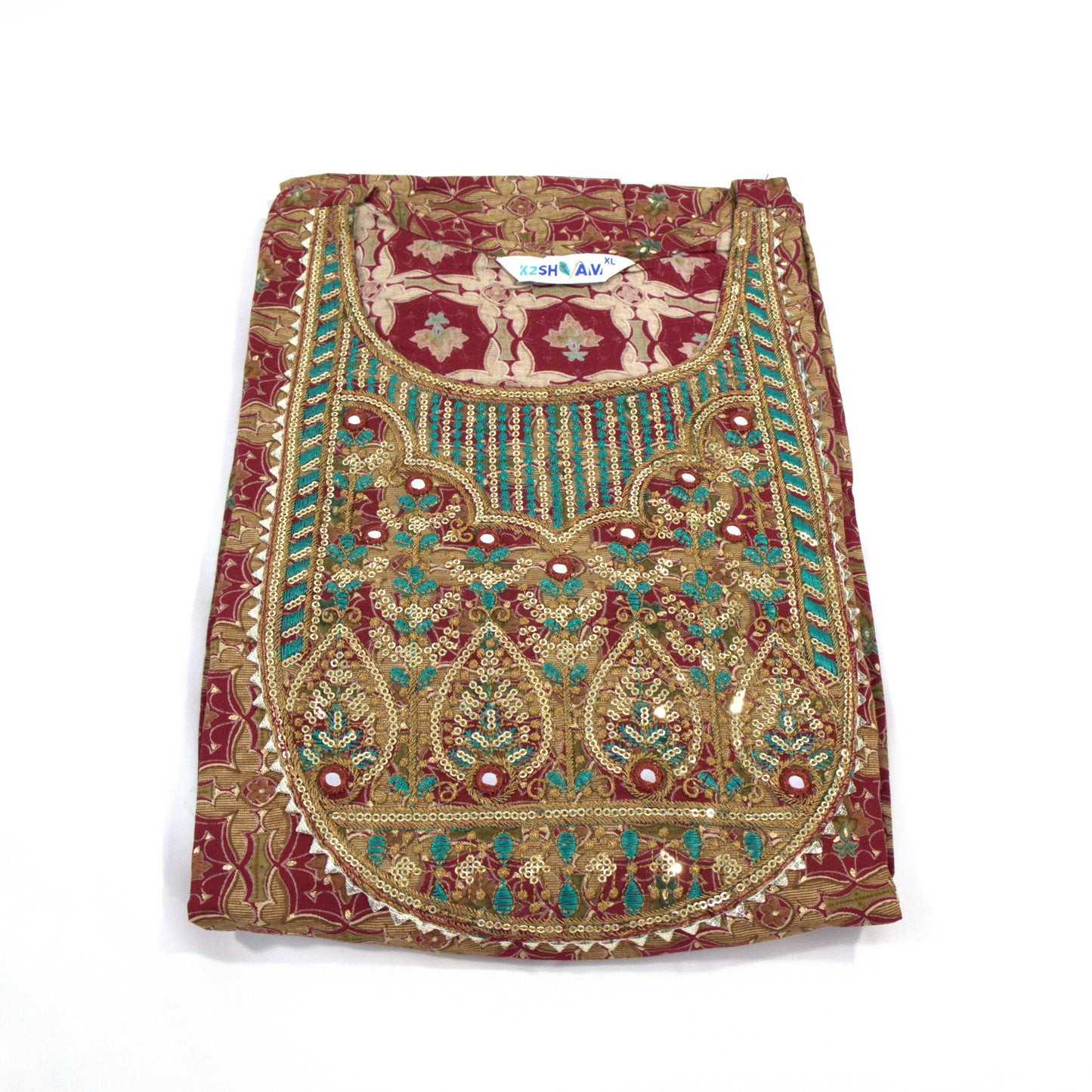 Brown Kurta with Embroidered Neckline and Mirror Work
