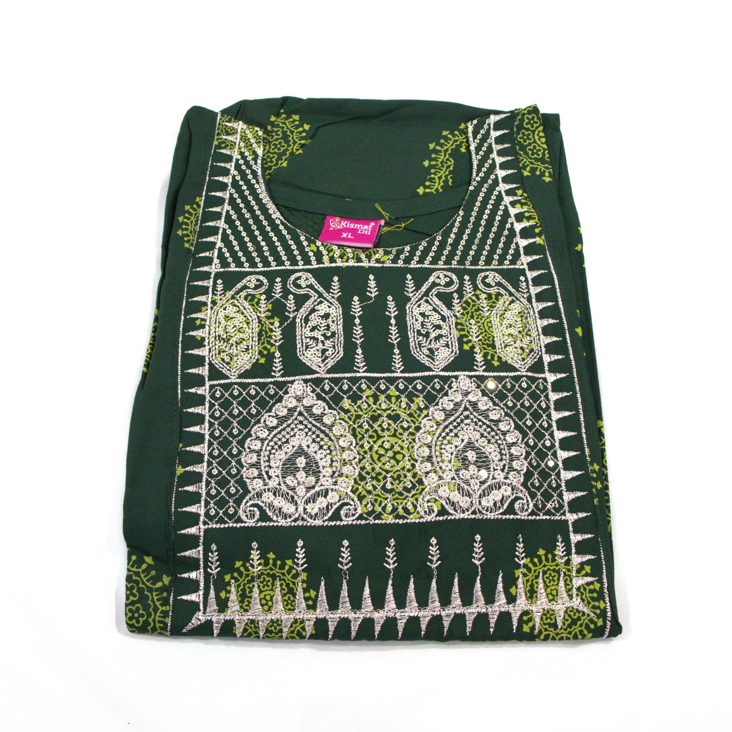 Dark Green Kurta with Embroidered Neckline and Yellow Border