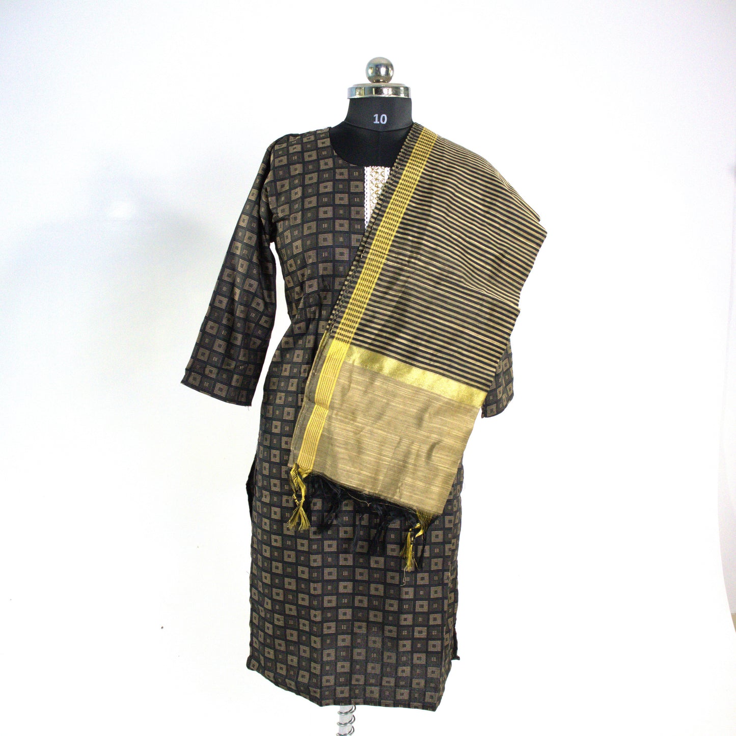 Black Geometric Kurta Set with Gold Accents