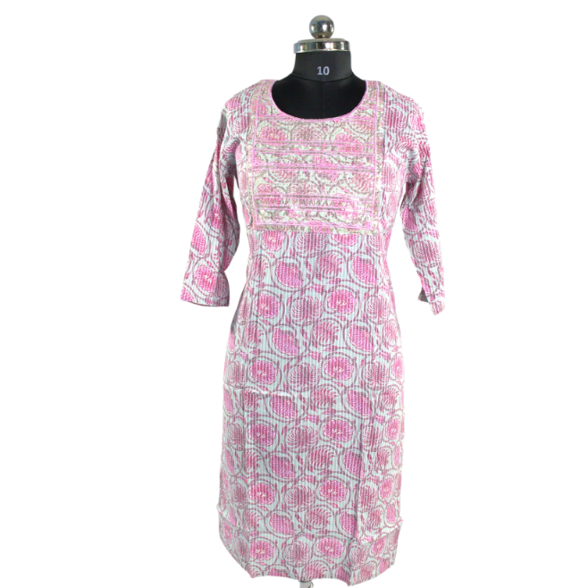 Kurta with Embroidered Neckline and Pink Block Print