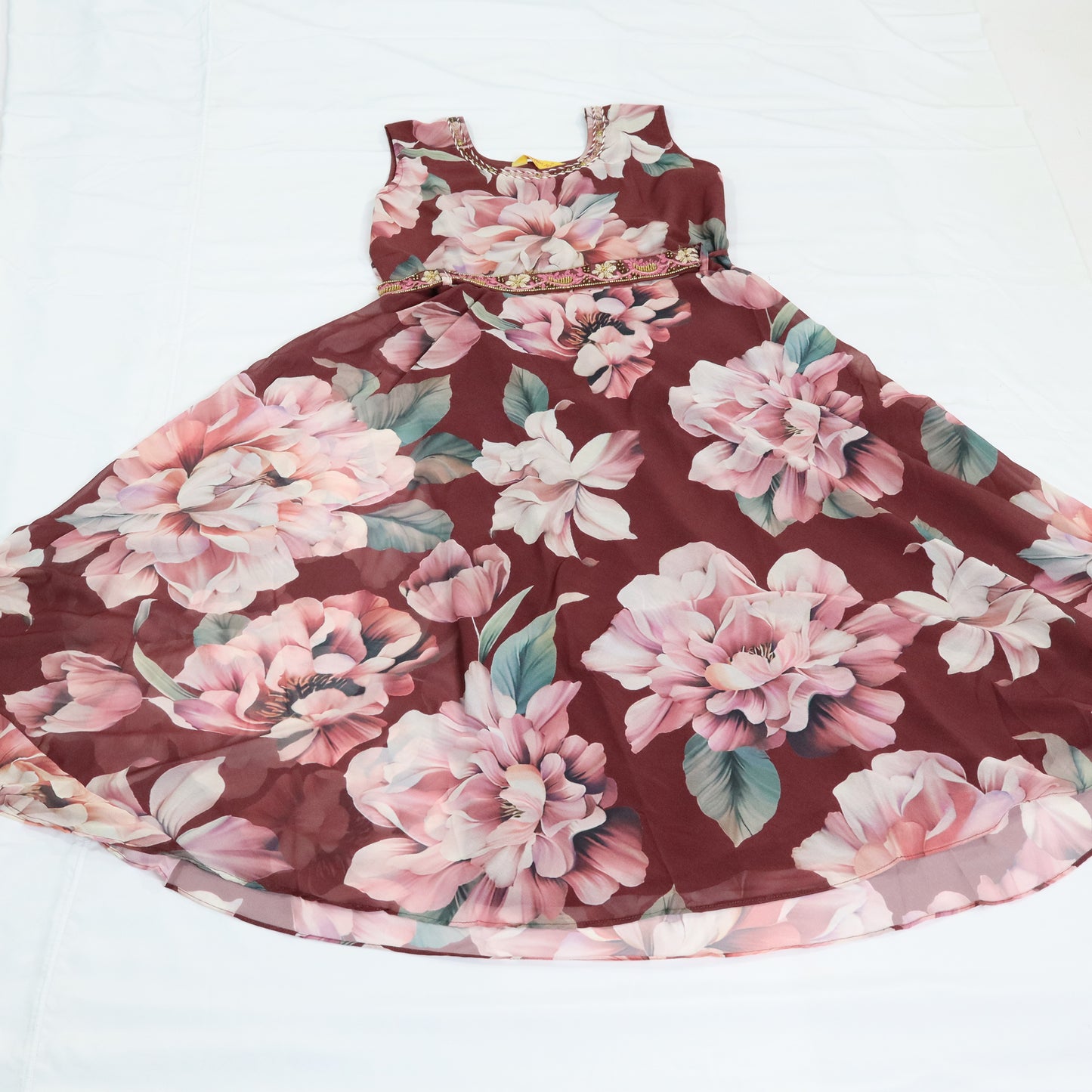Maroon Dress with Embellished Waist and Floral Print