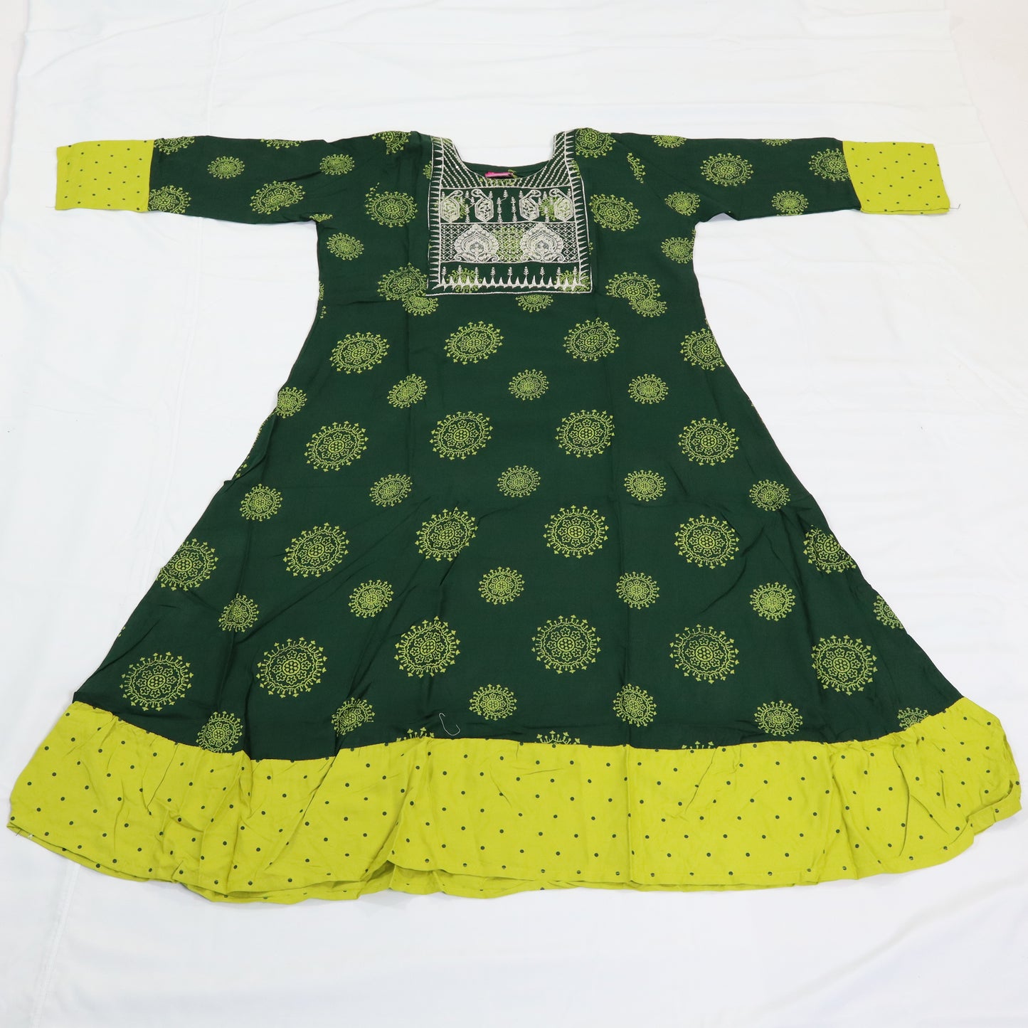 Dark Green Kurta with Embroidered Neckline and Yellow Border