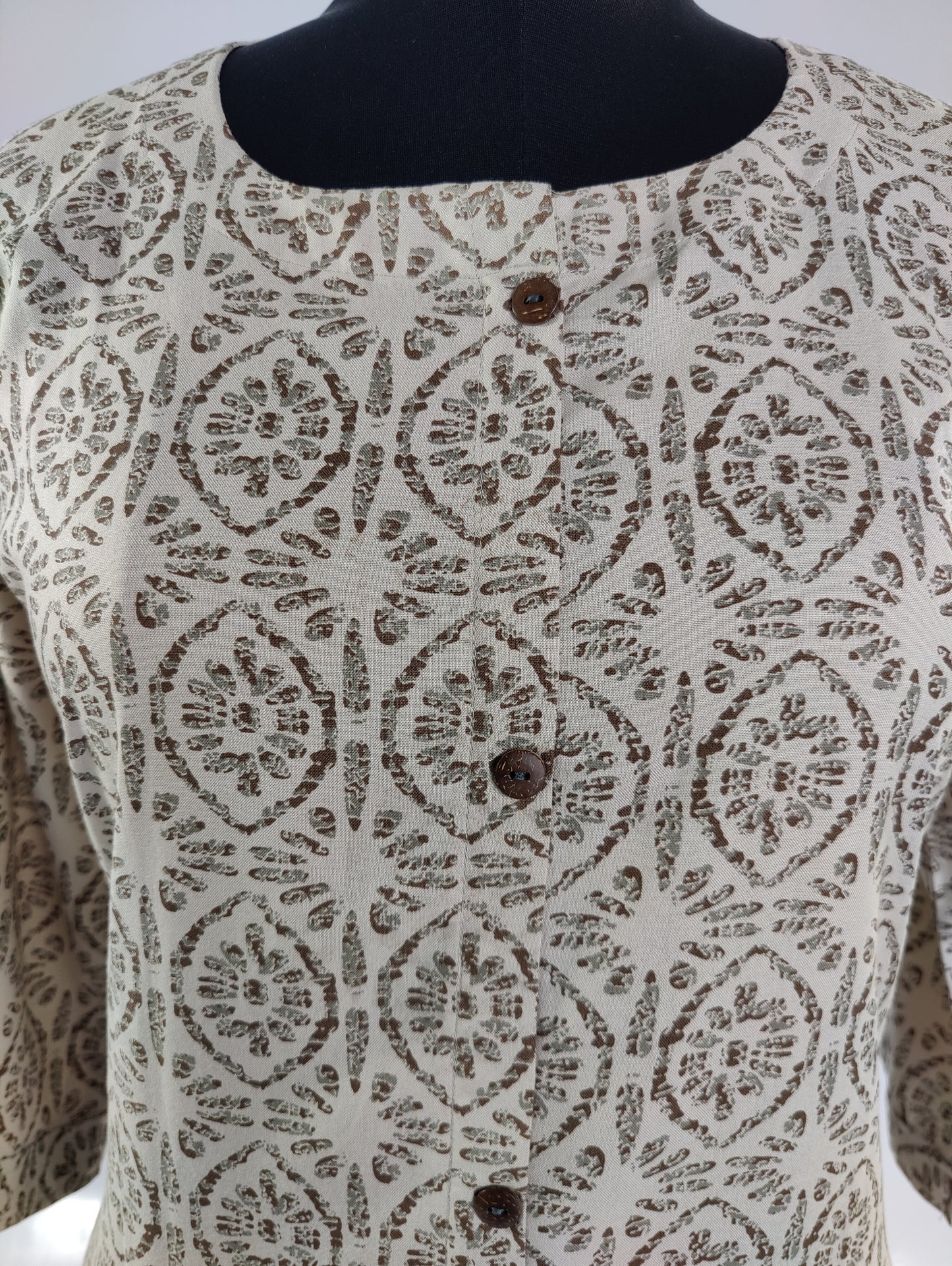Block Print Cotton Kurti - Traditional Geometric Pattern Long Dress with 3/4 Sleeves