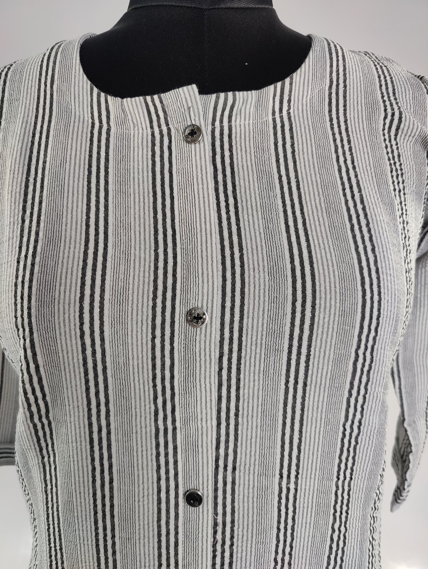 Striped Cotton Kurti - Classic Grey & White Button-Down Dress with 3/4 Sleeves