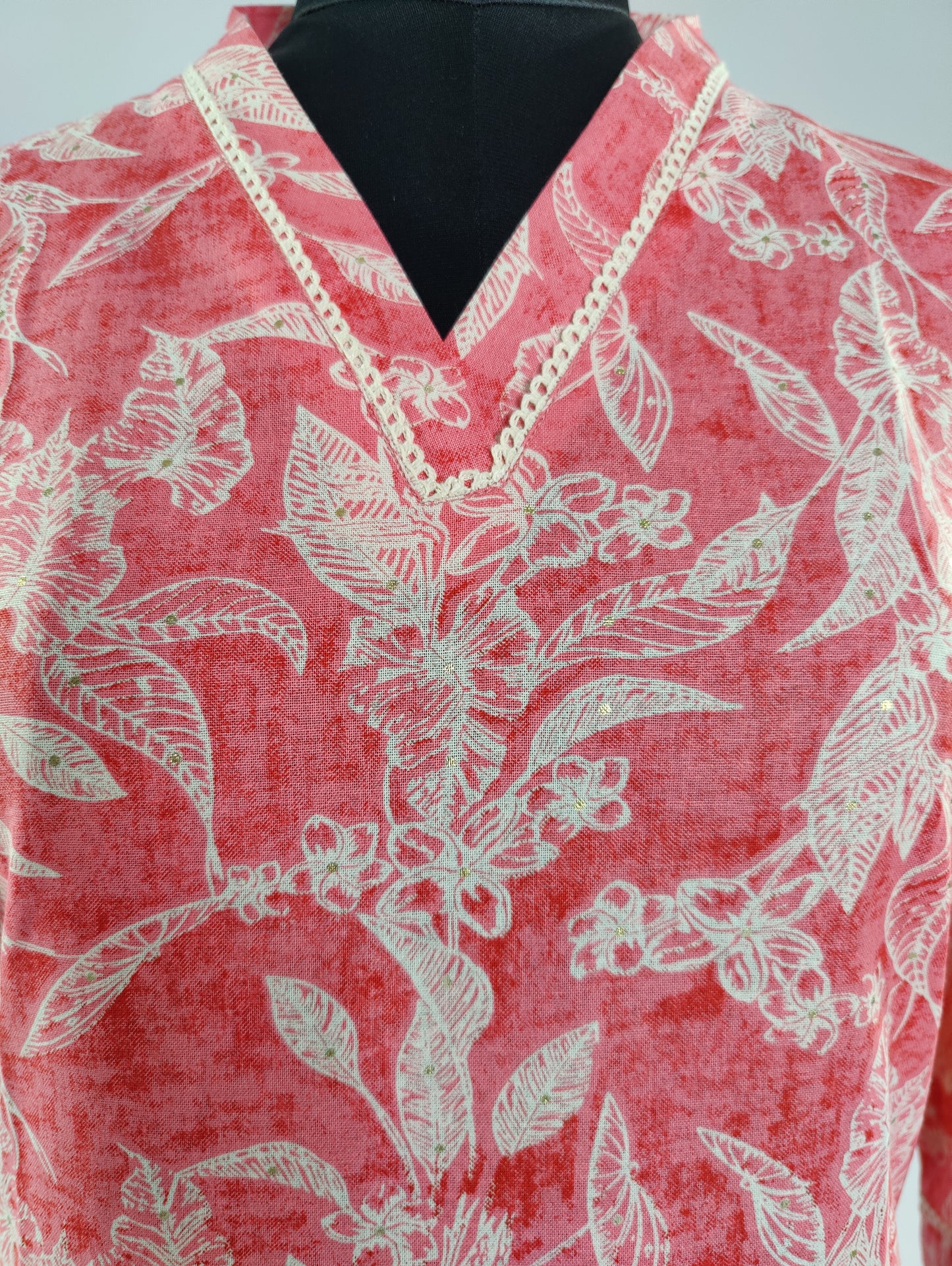 Coral Pink Floral Cotton Kurti - Elegant V-Neck Long Dress with Lace Trim Detail