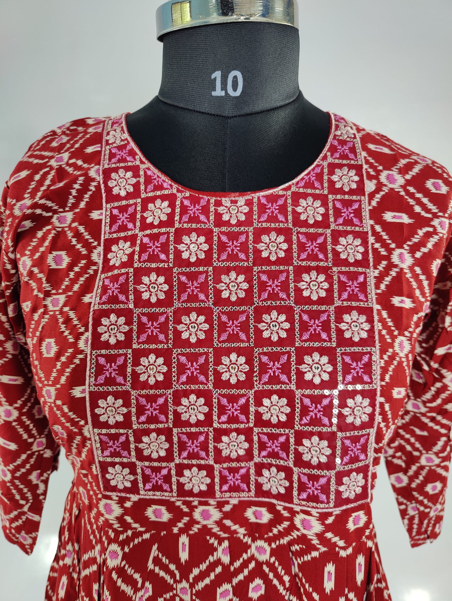 Red Geometric Print Midi Dress with Embroidered Yoke and Three-Quarter Sleeves