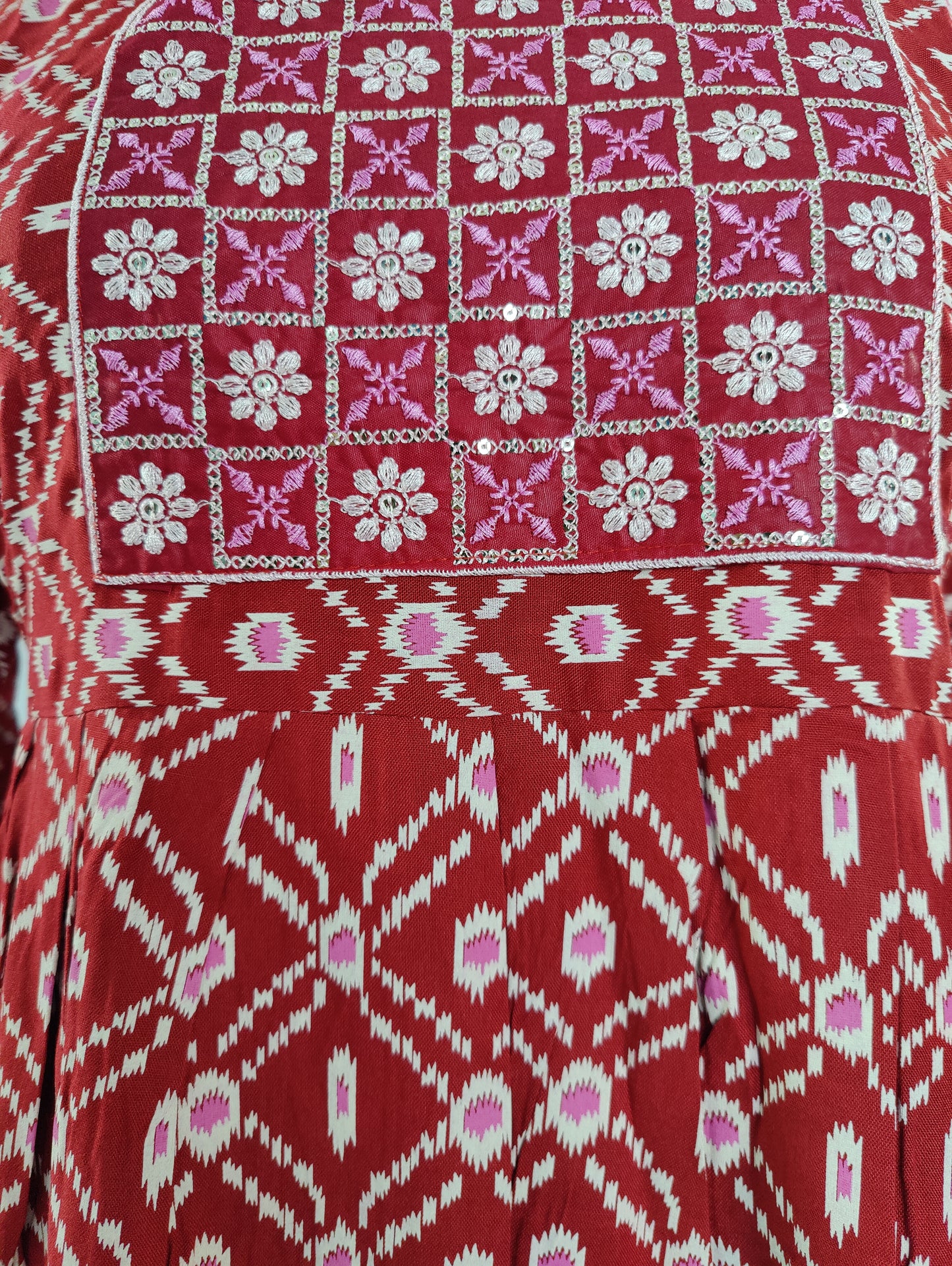 Red Geometric Print Midi Dress with Embroidered Yoke and Three-Quarter Sleeves