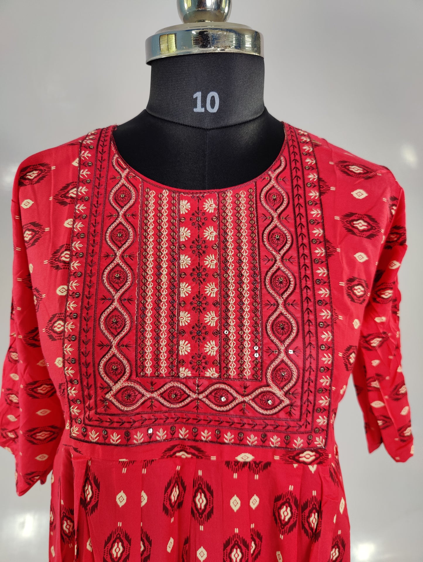 Embroidered Elegance: Red Ikat Kurta with Pleated Detail