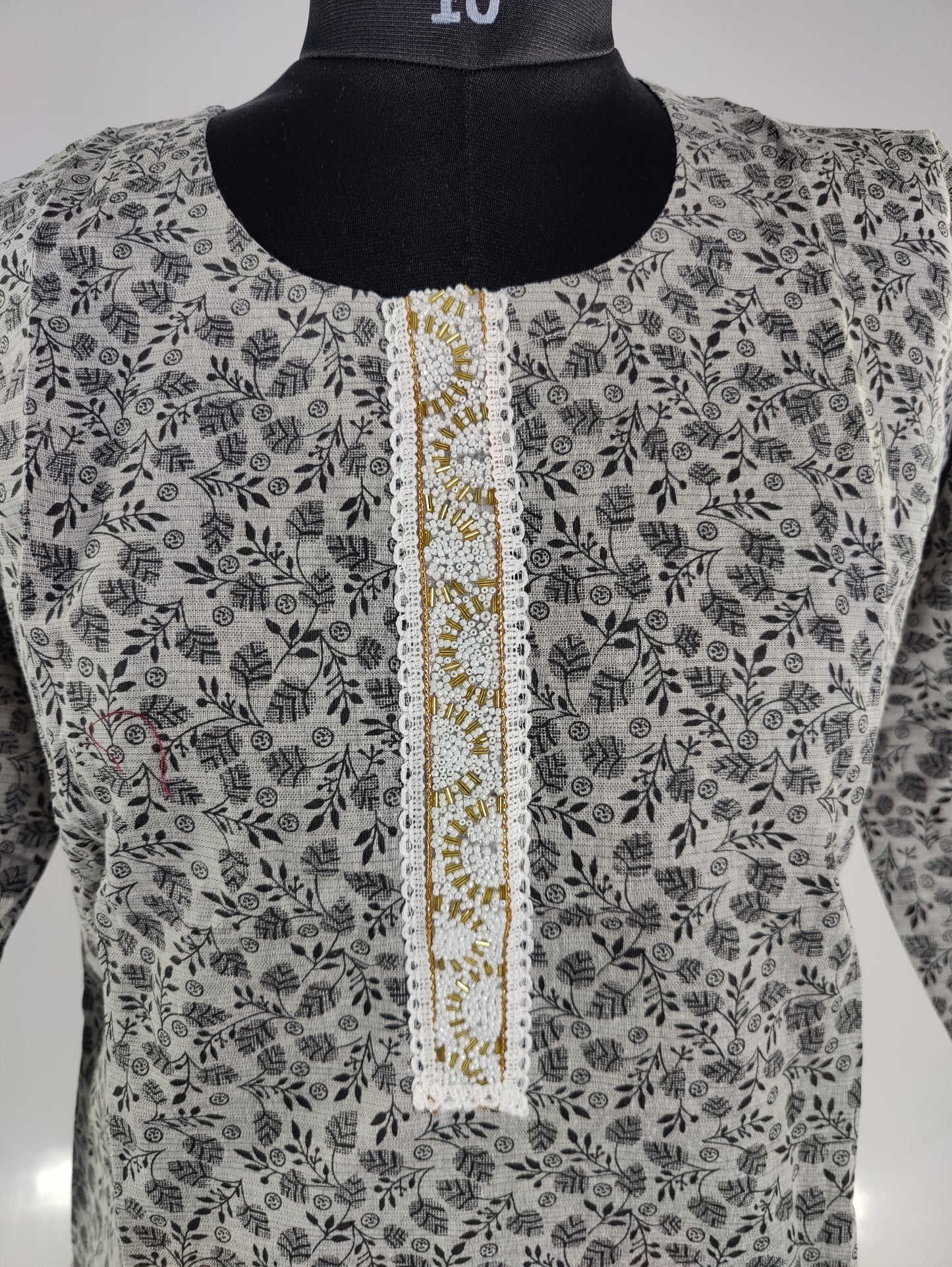 Grey Cotton Kurta Set with Embellished Neckline