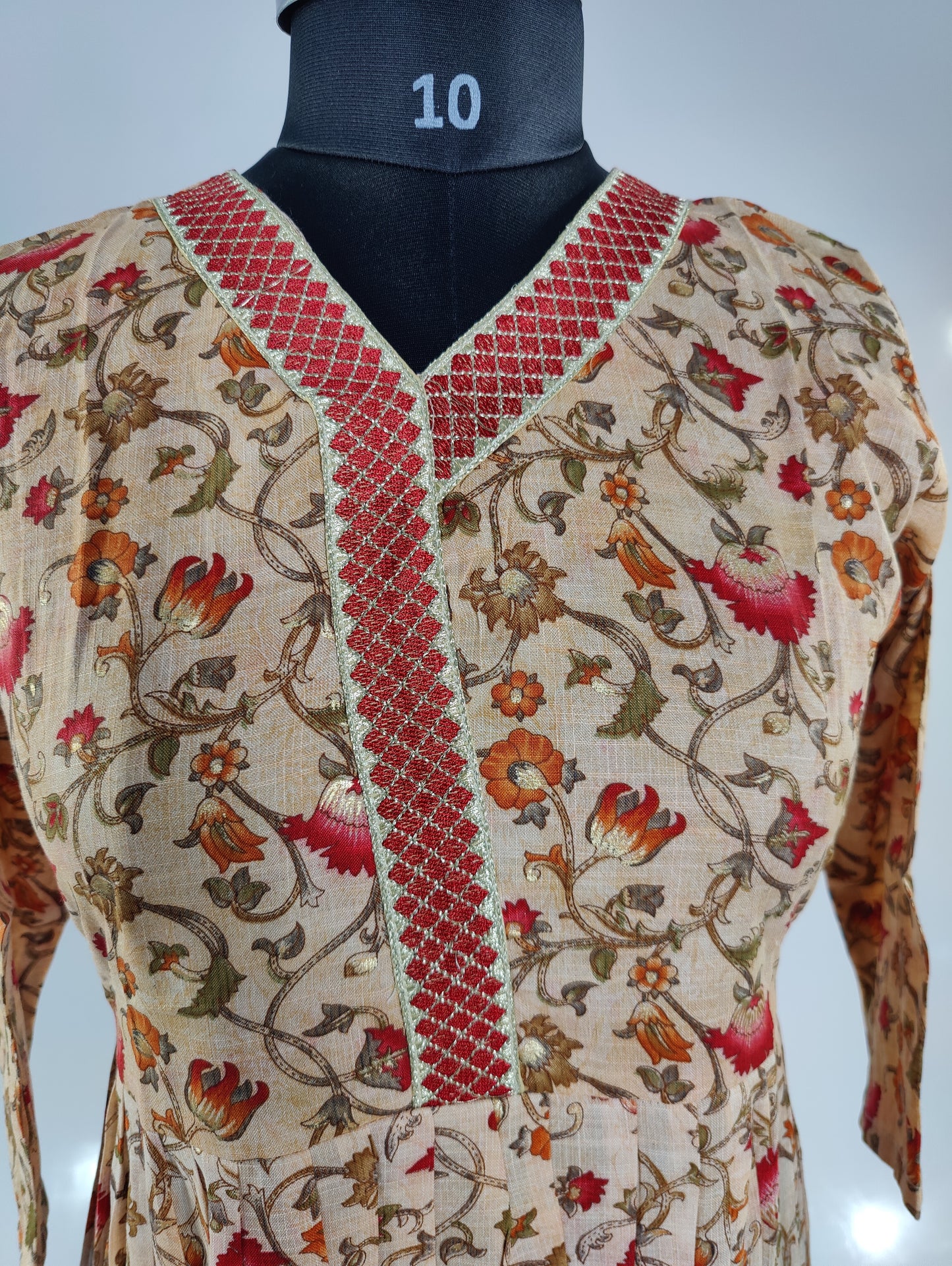 Beige Floral Kurta with Embroidered Neckline
