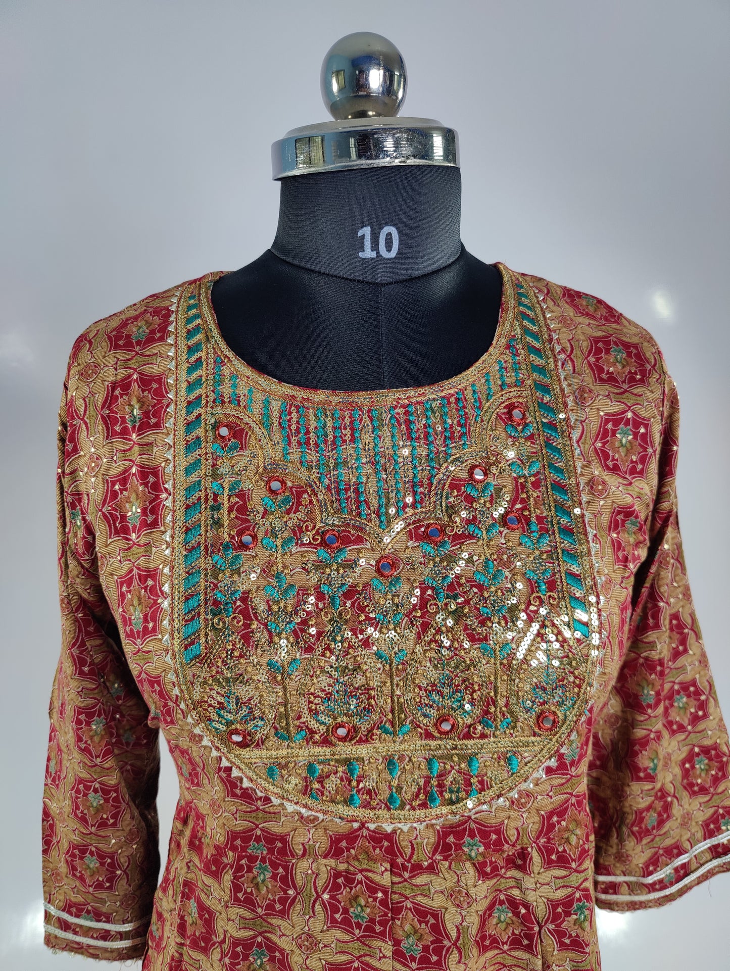 Brown Kurta with Embroidered Neckline and Mirror Work