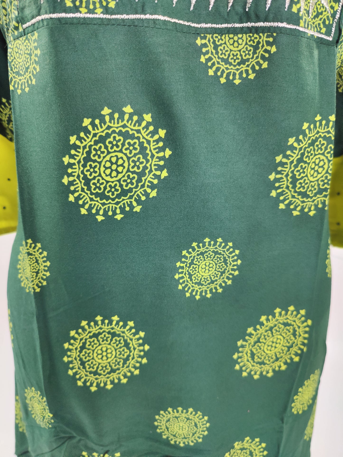 Dark Green Kurta with Embroidered Neckline and Yellow Border