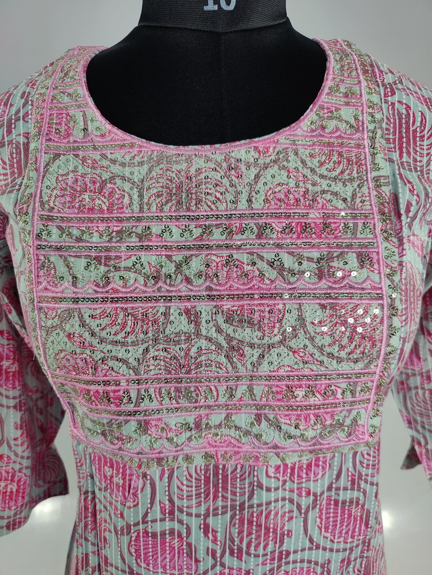 Kurta with Embroidered Neckline and Pink Block Print