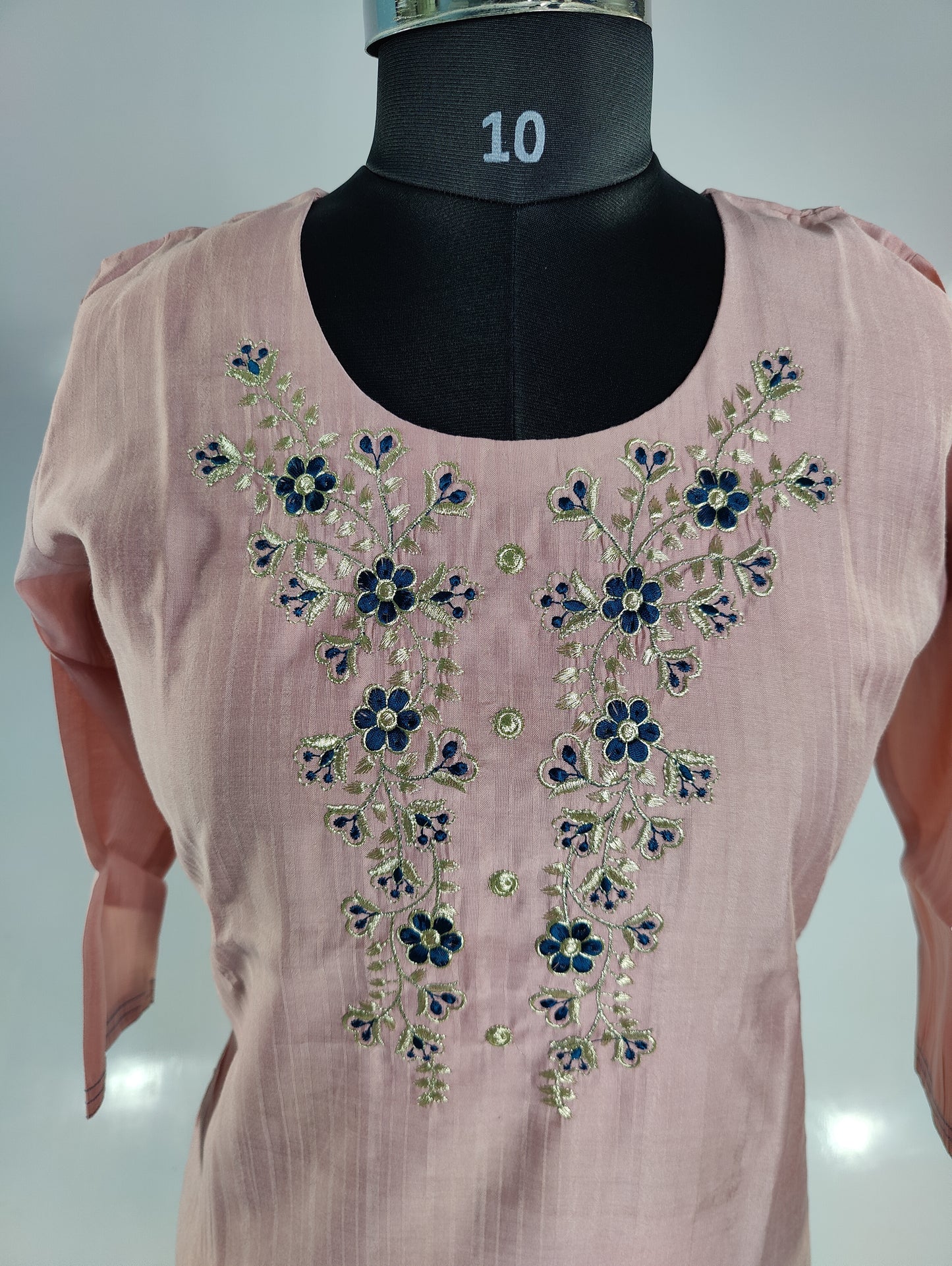 Embroidered Elegance: Pastel Pink Kurti with Three-Quarter Sleeves