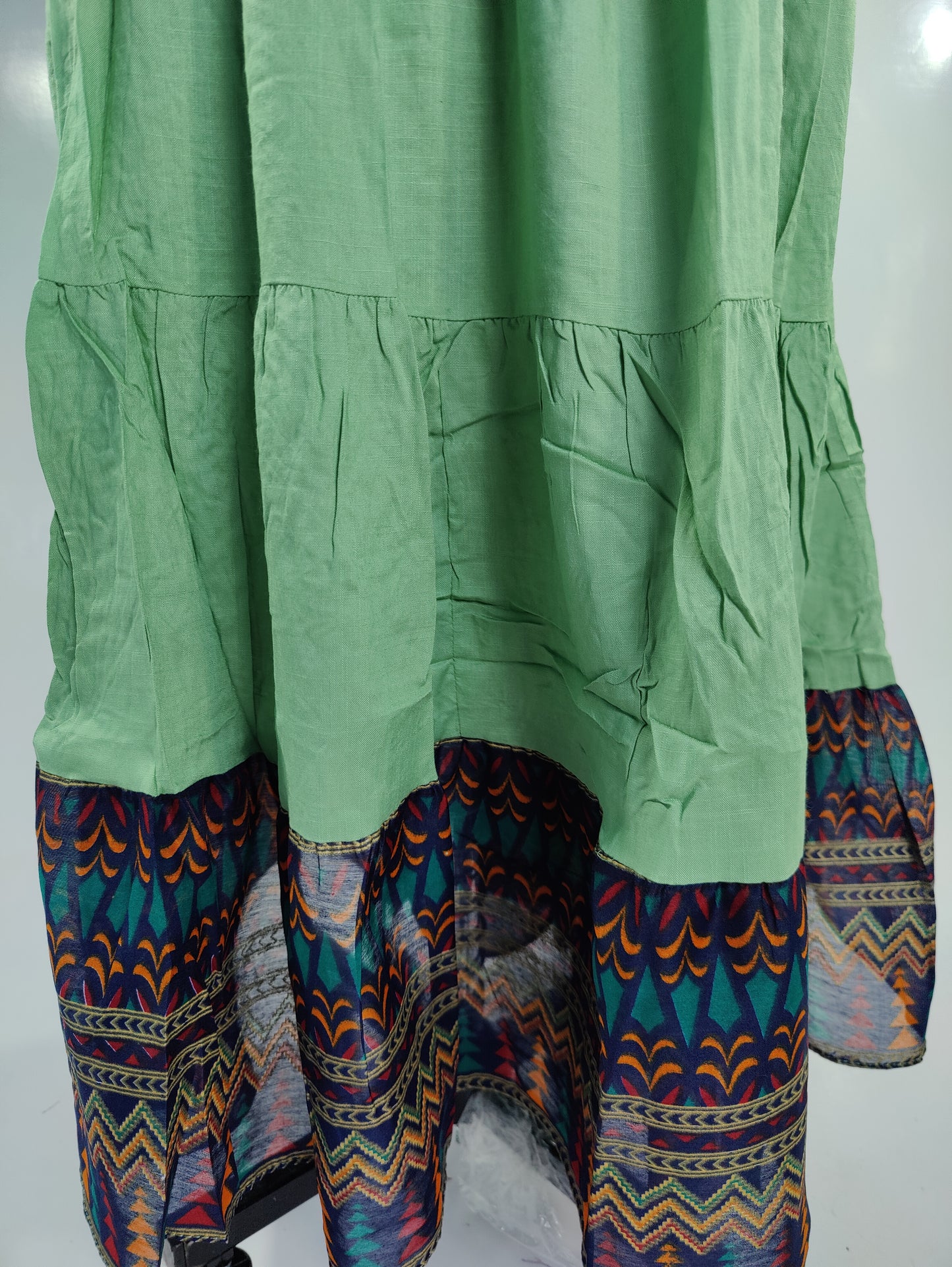 Springtime Serenity: Mint Green Embroidered Kurti with Tiered Hem