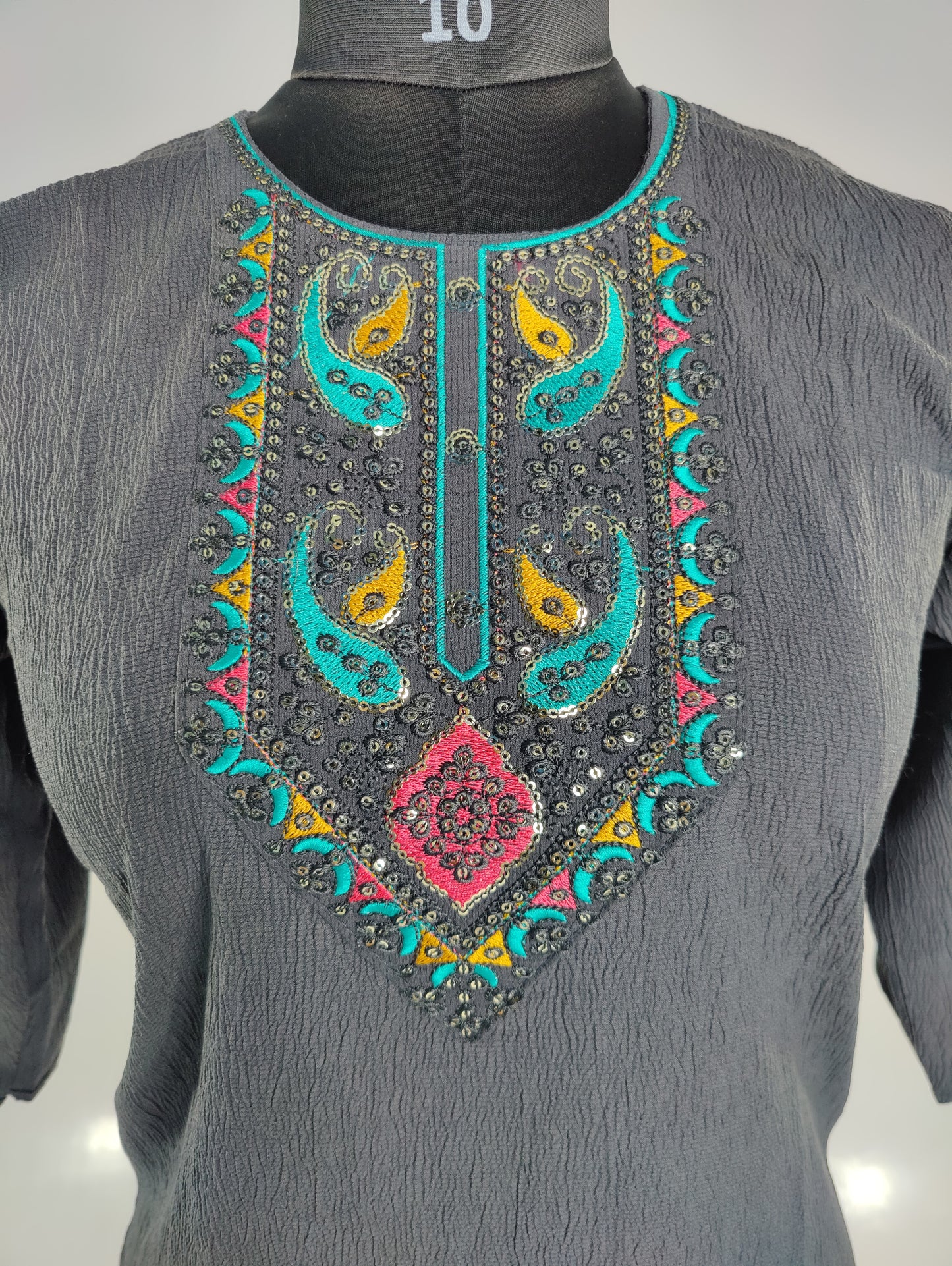 Elegant Embellishment: Charcoal Grey Kurti with Peacock Motif