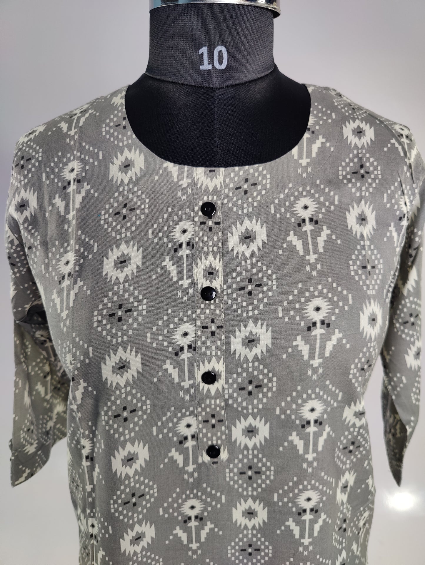 Subtle Elegance: Grey Ikat Kurti with Three-Quarter Sleeves