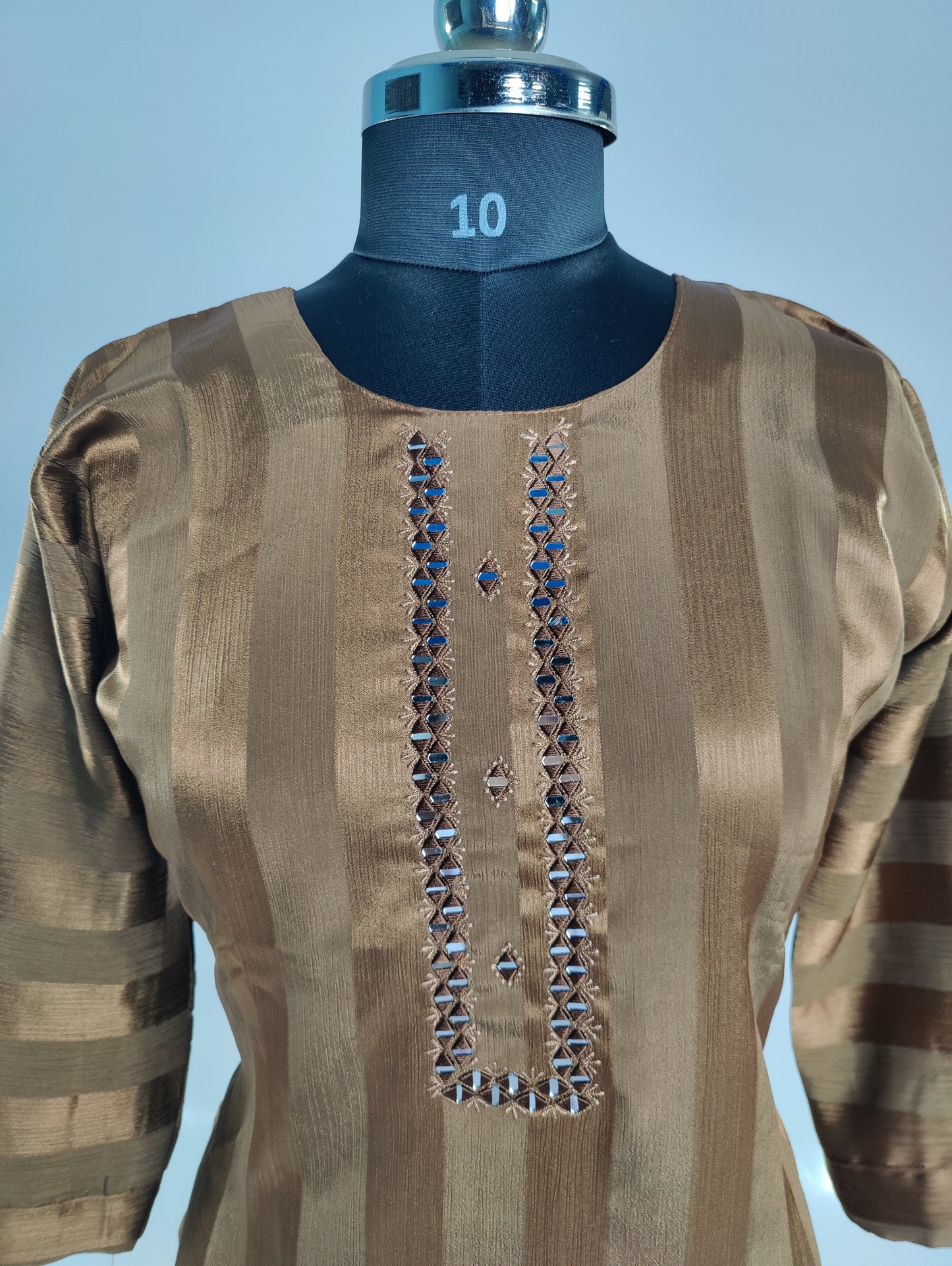Shimmering Elegance: Brown Striped Kurti with Embellished Neckline