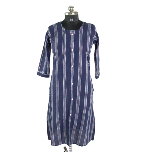 Traditional Indigo Striped Cotton Kurti Dress