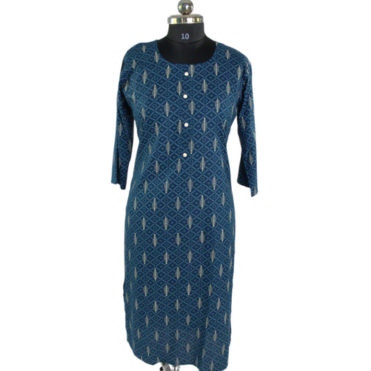Indigo Fishbone Print Cotton Kurti Dress