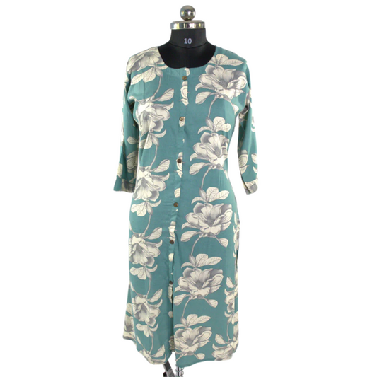 Sage Green Magnolia Print Cotton KurtI