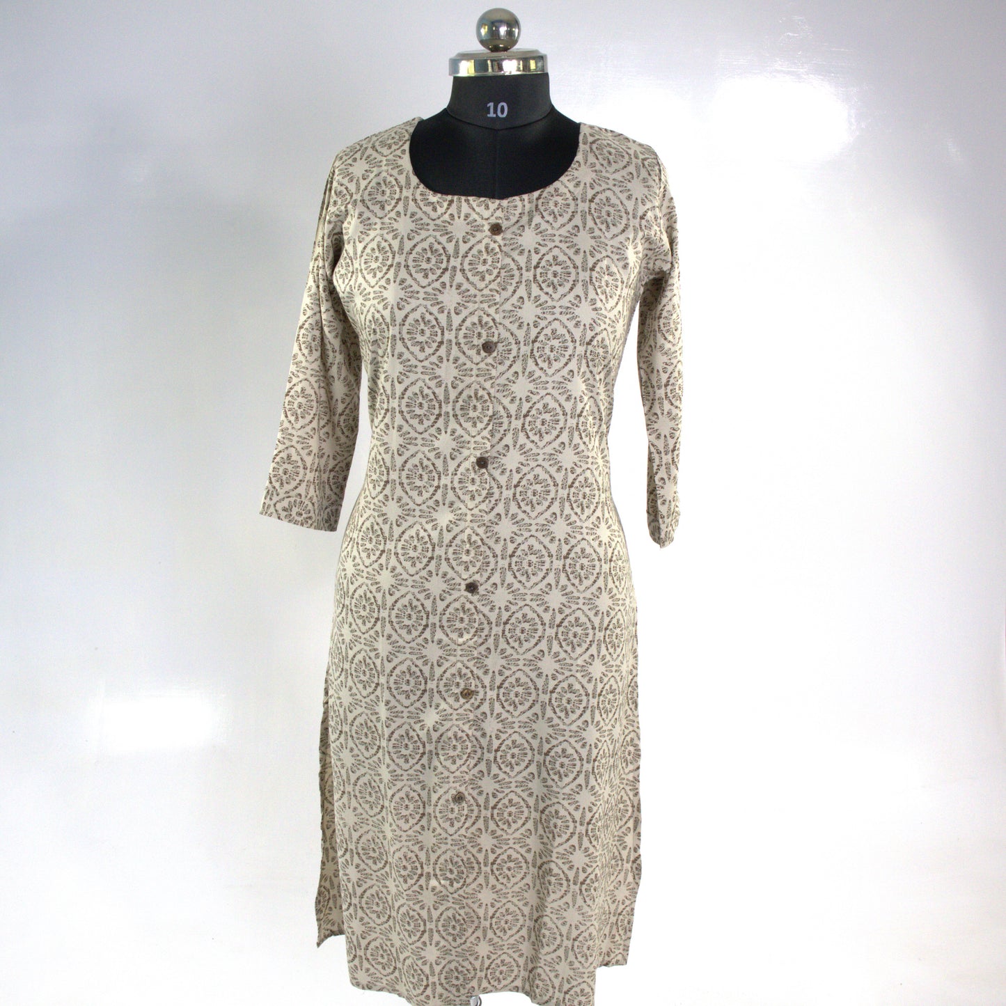 Block Print Cotton Kurti - Traditional Geometric Pattern Long Dress with 3/4 Sleeves
