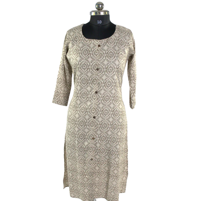 Block Print Cotton Kurti - Traditional Geometric Pattern Long Dress with 3/4 Sleeves