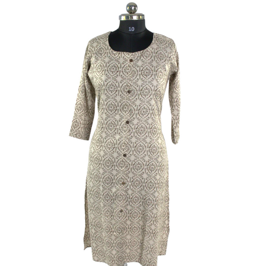Block Print Cotton Kurti - Traditional Geometric Pattern Long Dress with 3/4 Sleeves
