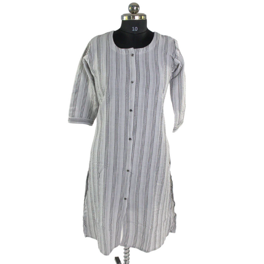 Striped Cotton Kurti - Classic Grey & White Button-Down Dress with 3/4 Sleeves