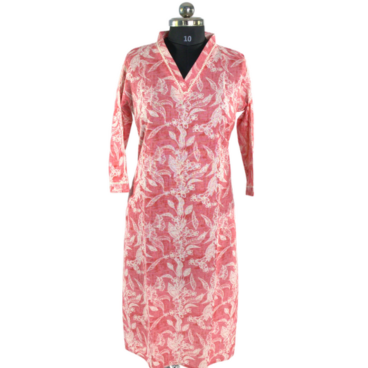 Coral Pink Floral Cotton Kurti - Elegant V-Neck Long Dress with Lace Trim Detail