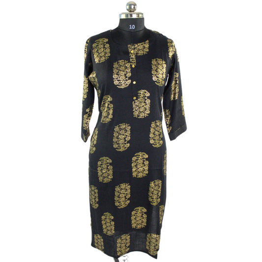 Black and Gold Floral Block Print Kurti - Luxury Cotton Straight Dress with Metallic Motifs