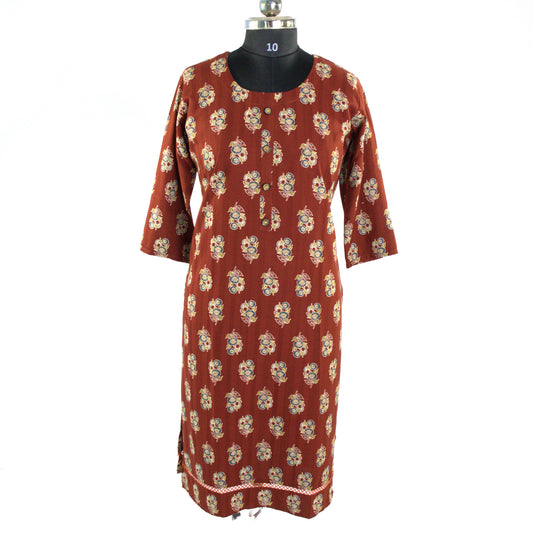 Floral Motif Cotton Kurti - Rust Brown Traditional Print Straight Dress with 3/4 Sleeves